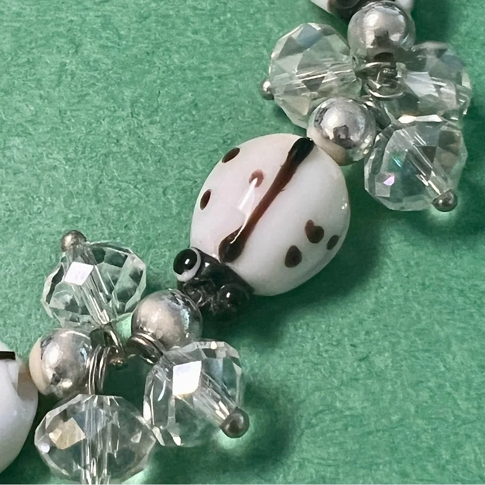 Vintage White Brown Dots Ladybug Glass  & Clear Beaded Stretch Bracelet -‎ Gift